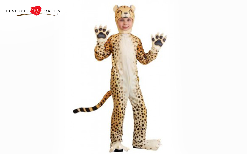 Child in a cheetah costume on a white background.
